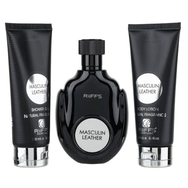 (plu00056) - Set Cadou Masculin Leather Apa de Parfum 100ml + Gel De Dus 100ml + Lotiune de corp 100ml, Riiffs